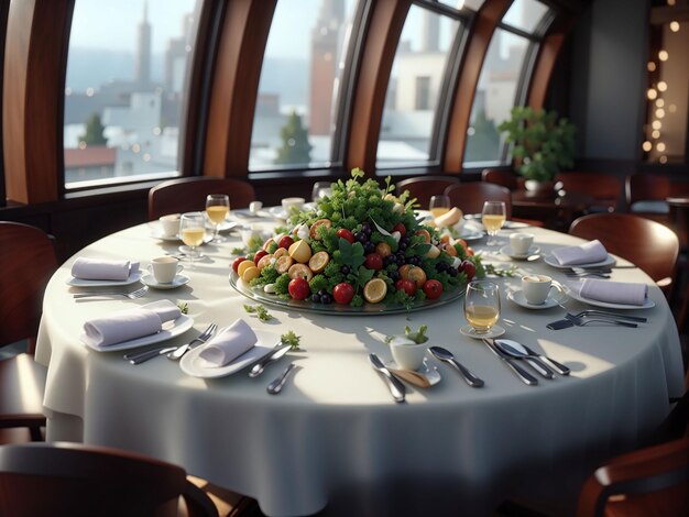 Inquadratura dall'alto di un tavolo rotondo di un ristorante elegante con finestre