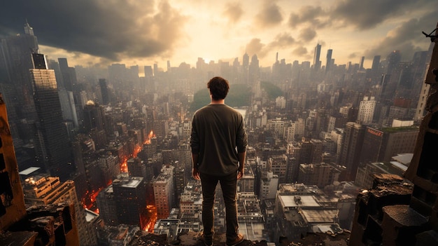 Inquadratura dall'alto di un uomo che si trova sulla terrazza di un edificio per vedere l'intera città