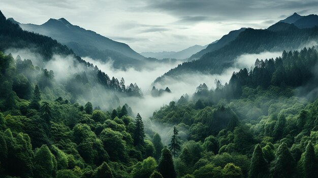 Inquadratura dall'alto di una bellissima foresta con molti alberi verdi avvolti nella nebbia in Nuova Zelanda