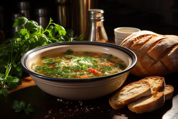 Inquadratura dall'alto di una ciotola di deliziosa zuppa di carne e verdure su un tavolo di legno