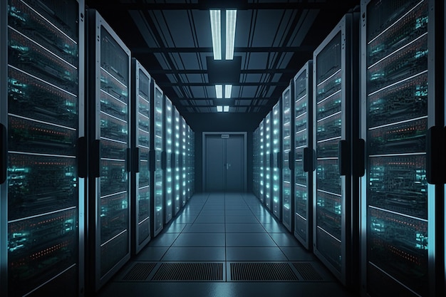 Inquadratura del data center con più righe di server rack completamente operativi