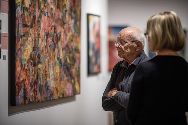 Inquadratura di due avventori di una galleria d'arte che discutono di un dipinto davanti a un artista