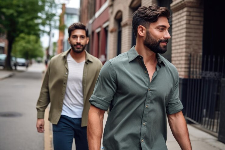 Foto inquadratura di due bei amici maschi che passeggiano nel loro quartiere urbano