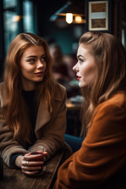 Inquadratura di due belle giovani donne che conversano in un bar