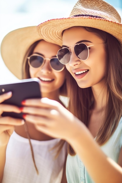Inquadratura di due giovani donne che utilizzano uno smartphone per pianificare la propria vacanza, creata con l'intelligenza artificiale generativa