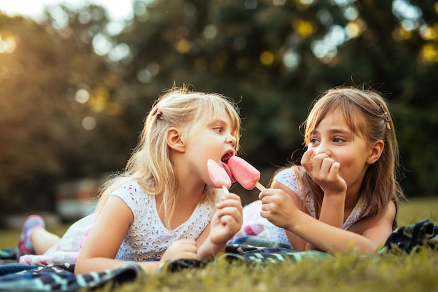 Inquadratura di due sorelle bionde che mangiano il gelato durante un picnic nel parco