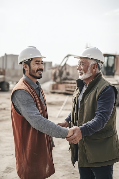 Inquadratura di due uomini che si stringono la mano in un cantiere creato con l'IA generativa