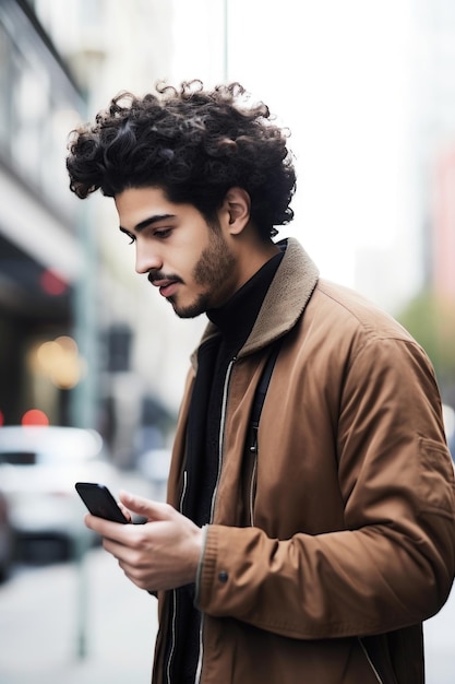 Inquadratura di un giovane che guarda il suo smartphone in città