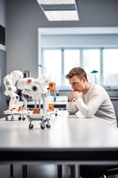 Inquadratura di un giovane che prende un caffè mentre la sua controparte robotica lavora sullo sfondo