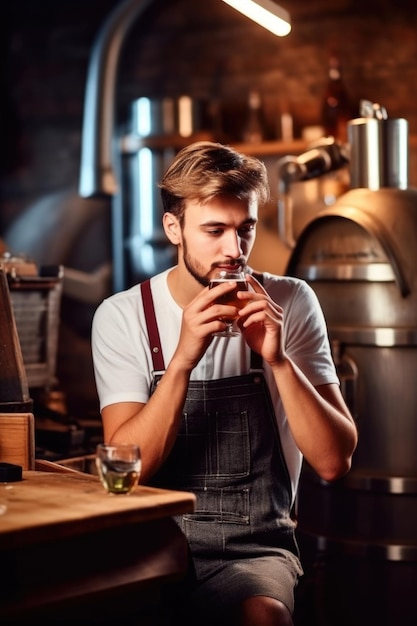 Inquadratura di un giovane che usa il suo smartphone per chiamare qualcuno mentre prepara la birra