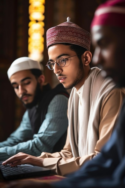 Inquadratura di un giovane musulmano che utilizza un laptop durante un incontro con altri membri nella moschea