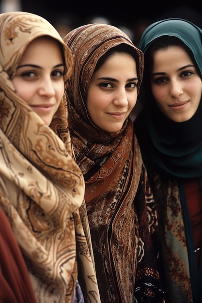 Inquadratura di un gruppo di donne musulmane che indossano foulard creati con l'IA generativa