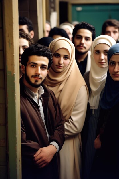 Inquadratura di un gruppo di giovani uomini e donne musulmani in fila per farsi fotografare