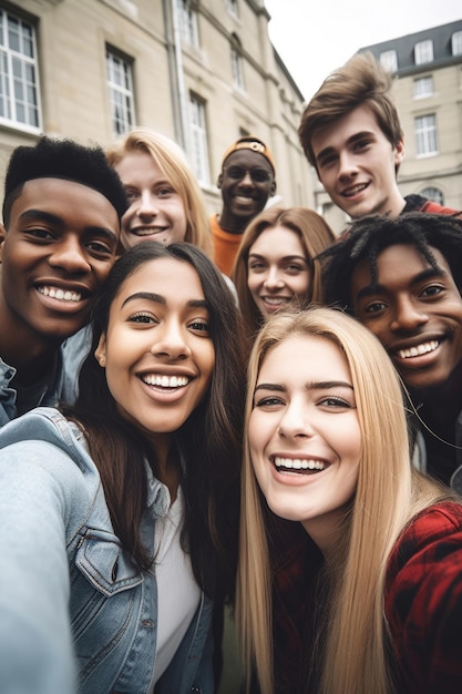 Inquadratura di un gruppo di studenti universitari che si fanno selfie insieme nel campus