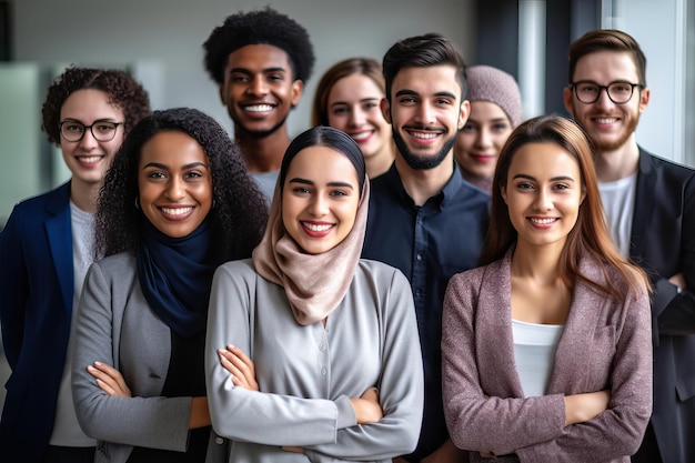 Inquadratura di un gruppo di uomini d'affari che sorridono alla telecamera Gruppo multietnico che lavora in ufficio