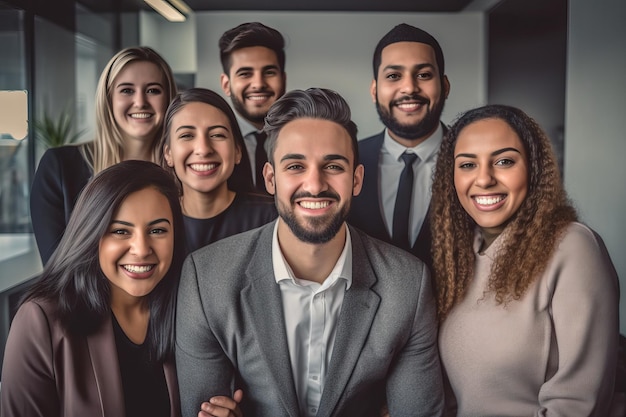 Inquadratura di un gruppo di uomini d'affari che sorridono alla telecamera Gruppo multietnico che lavora in ufficio