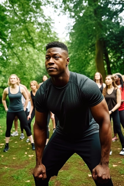 Inquadratura di un istruttore di fitness che guida il suo gruppo durante un allenamento all'aperto