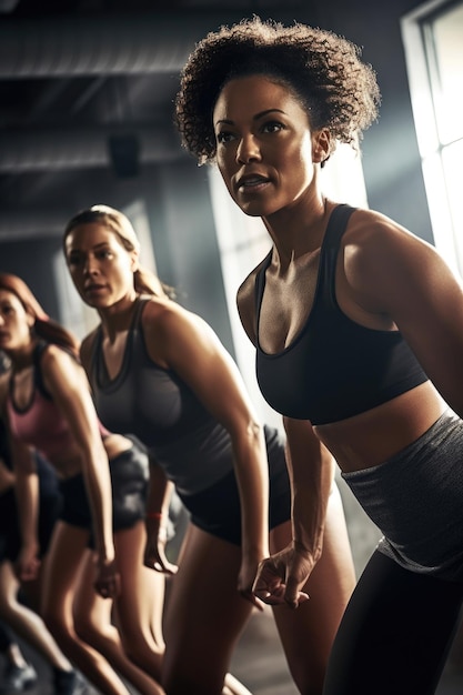 Inquadratura di un istruttore di fitness che guida un gruppo di donne in un esercizio di routine in palestra