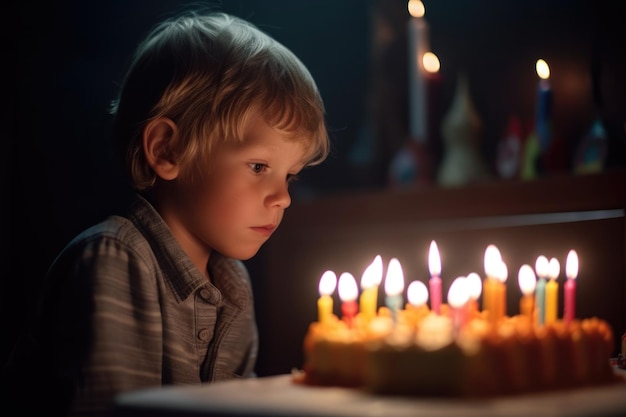 Inquadratura di un ragazzino che spegne le candeline sulla sua torta di compleanno