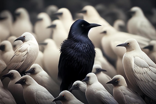 Inquadratura di un uccello nero tra il gruppo di uccelli bianchi IA generativa