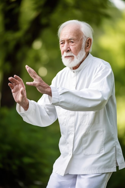 Inquadratura di un uomo anziano che fa Tai Chi all'aperto