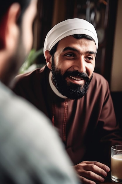 Inquadratura di un uomo musulmano che parla con il suo amico cattolico e prende un caffè