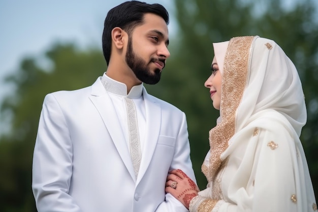Inquadratura di un uomo musulmano in abito bianco che parla con sua moglie creata con l'intelligenza artificiale generativa