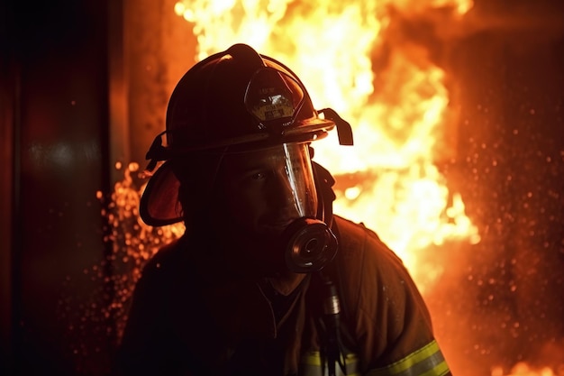 Inquadratura di un vigile del fuoco che combatte contro un furioso inferno creato con l'IA generativa