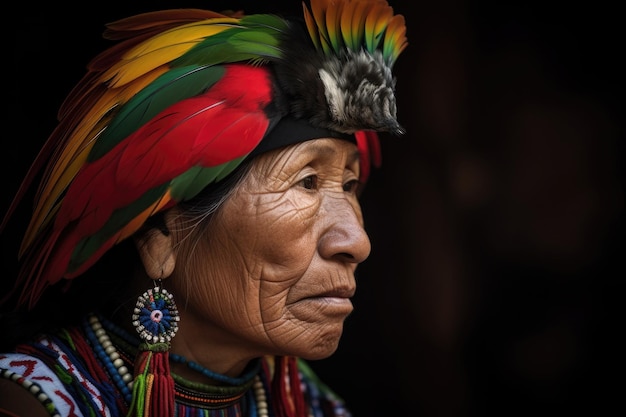 Inquadratura di una donna che indossa un copricapo tradizionale decorato con piume di pappagallo