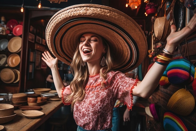 Inquadratura di una donna che indossa un sombrero mentre balla dopo aver mangiato dei tacos