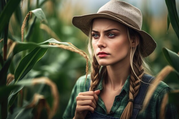 Inquadratura di una giovane agricoltrice seria che lavora nel suo campo di mais