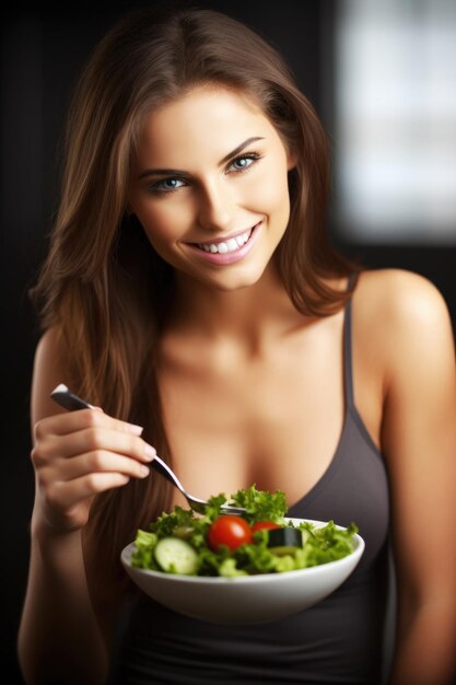 Inquadratura di una giovane donna attraente che mangia insalata creata con l'IA generativa