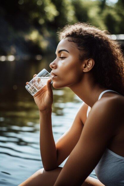 Inquadratura di una giovane donna che riposa e beve acqua durante l'estate