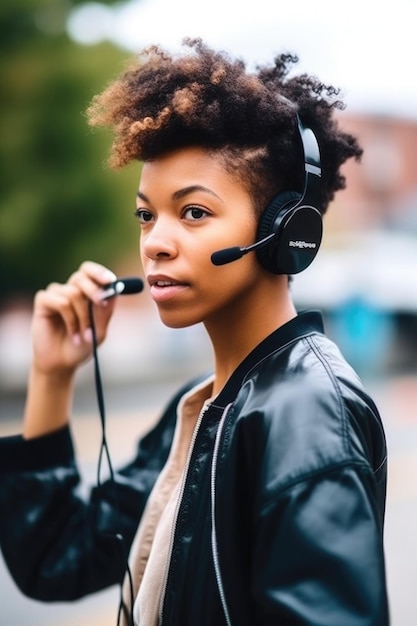 Inquadratura di una giovane donna che tiene in mano una cuffia audio all'esterno creata con l'IA generativa