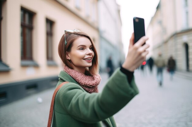Inquadratura di una giovane donna che usa il suo smartphone per scattare selfie