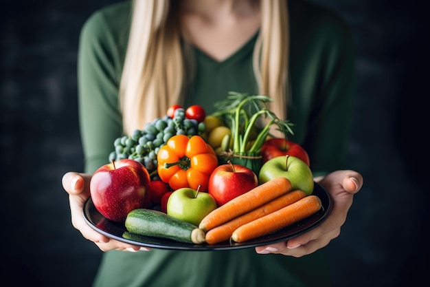 Inquadratura di una giovane donna con in mano un piatto di frutta e verdura fresca creata con l'IA generativa