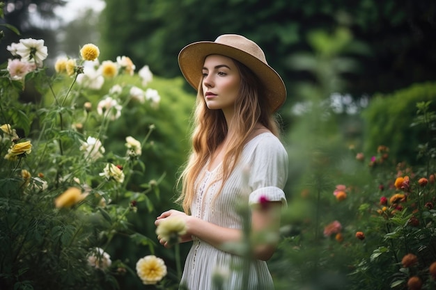 Inquadratura di una giovane donna in piedi nel suo giardino