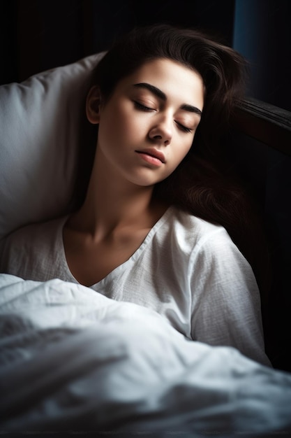 Inquadratura di una giovane donna profondamente addormentata sul suo letto creata con l'intelligenza artificiale generativa