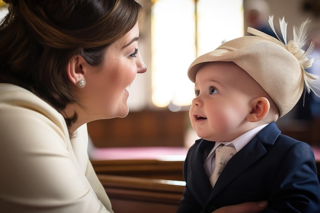 Inquadratura di una madre e di un bambino al battesimo