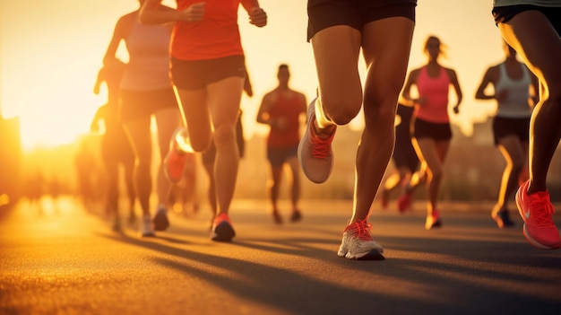 Inquadratura giornalistica della maratona dal basso nel concetto di fitness al tramonto