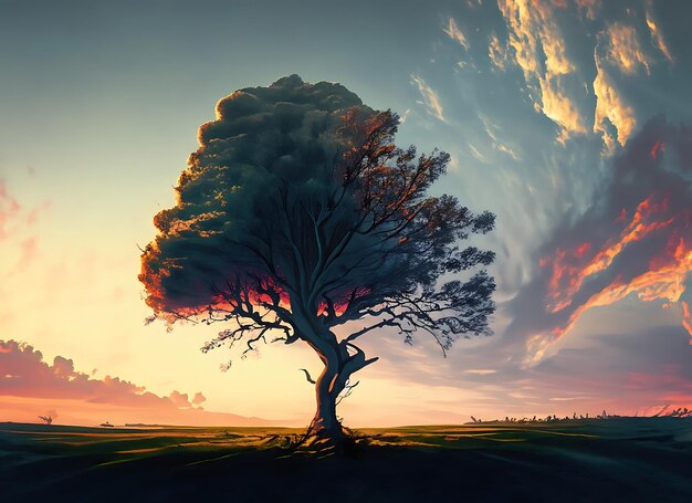 Inquadratura grandangolare di un singolo albero che cresce sotto un cielo nuvoloso durante un tramonto
