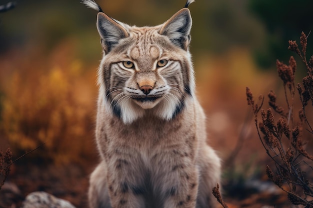 Inquadratura media di una lince grigia a pelo lungo con occhi gialli nei toni marroni Ai generativa