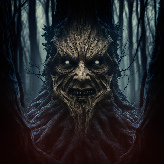 Inquadratura orizzontale dell'albero spaventoso con sfondo spaventoso del viso