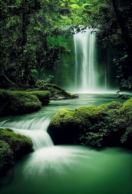 Inquadratura orizzontale di una bellissima cascata incontaminata con la natura verde illustrata in 3d