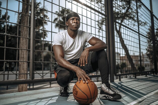 Inquadratura poco profonda di un giocatore di basket nero in un cortile all'aperto