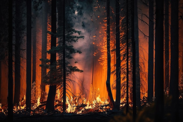 Inquadratura ravvicinata di un incendio boschivo che brucia tra gli alberi