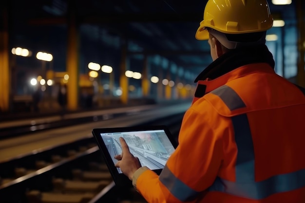 Inquadratura ravvicinata di un ingegnere che utilizza un tablet per controllare e analizzare i sistemi di dati di un binario della rete ferroviaria. AI generativa