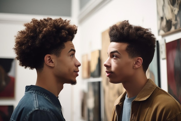 Inquadratura ritagliata di due giovani che conversano mentre si trovano in una galleria d'arte