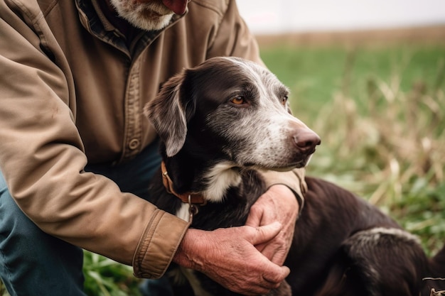 Inquadratura ritagliata di un uomo irriconoscibile che accarezza il suo cane in una fattoria