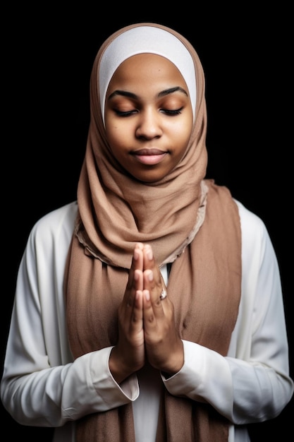Inquadratura ritagliata di una giovane donna che indossa un hijab in piedi con le mani giunte